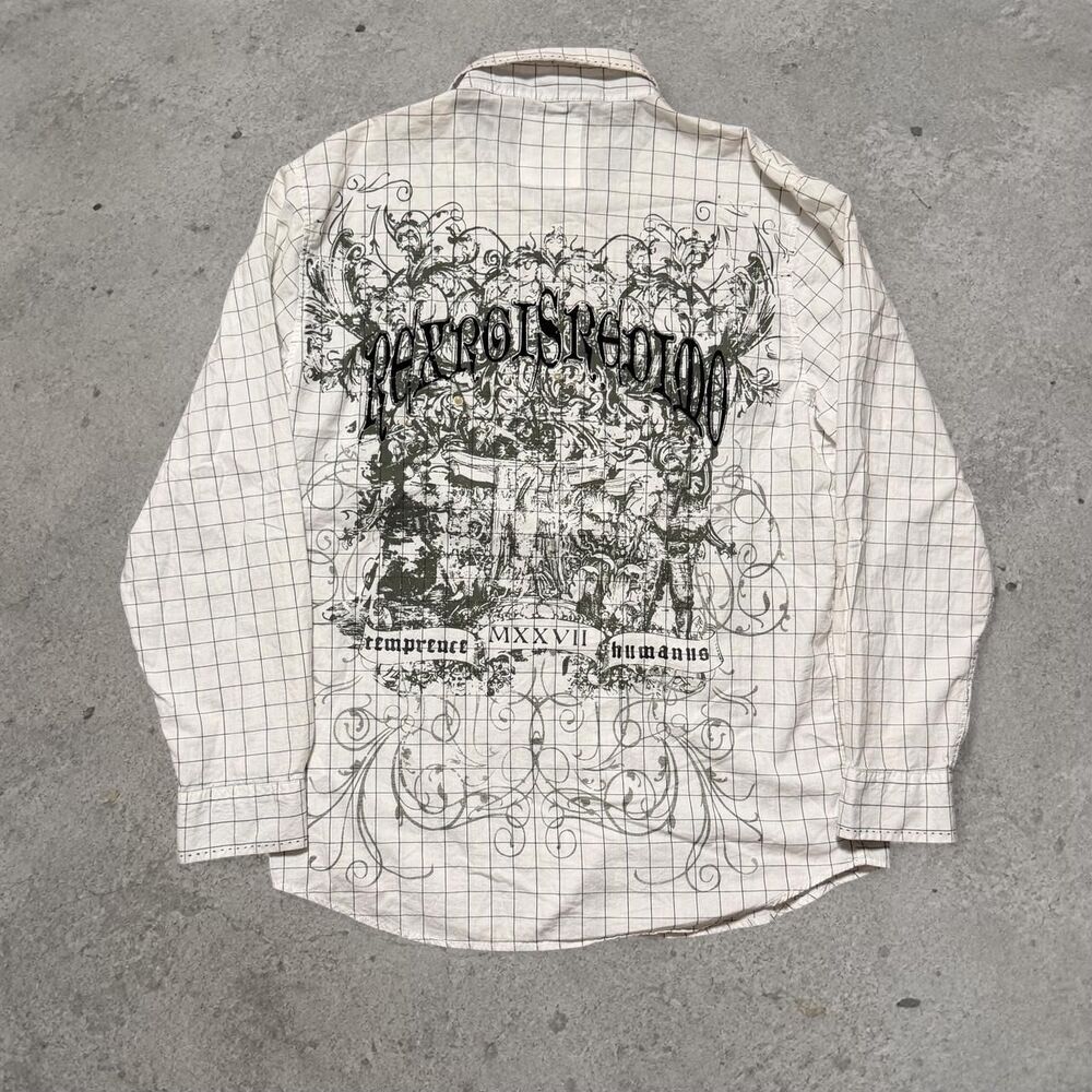 Y2K Grunge White & Black Grid Print Button Up Affliction Style Shirt with Black